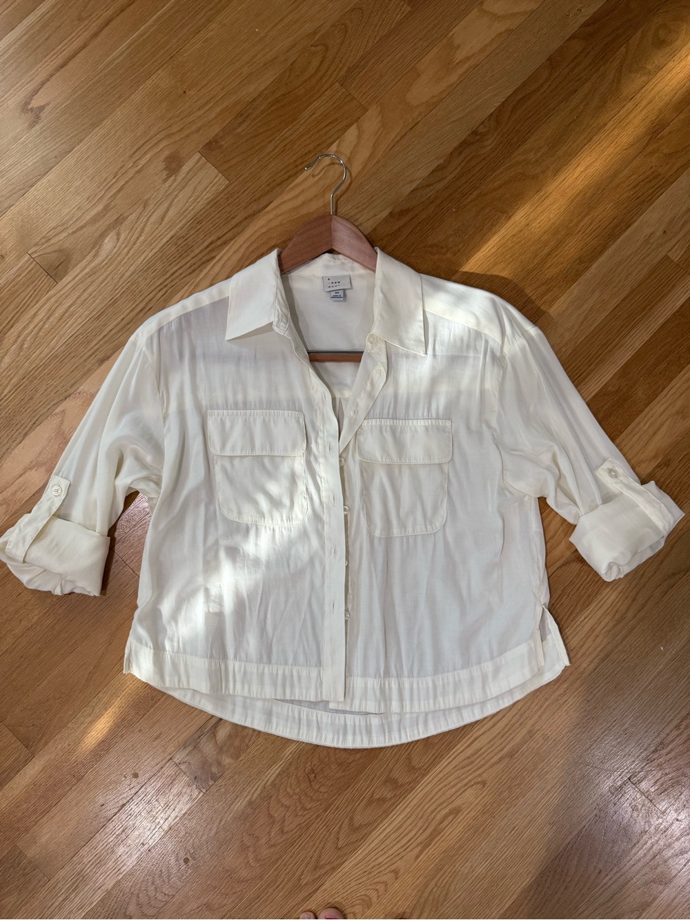A New Day Long Sleeve Cropped Button-Up Utility Shirt - Cream - XS